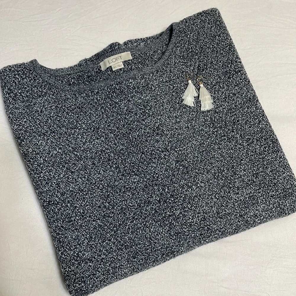 LOFT Poncho Style Black/Navy/Cream Sweater Size M/L - Picture 3 of 10